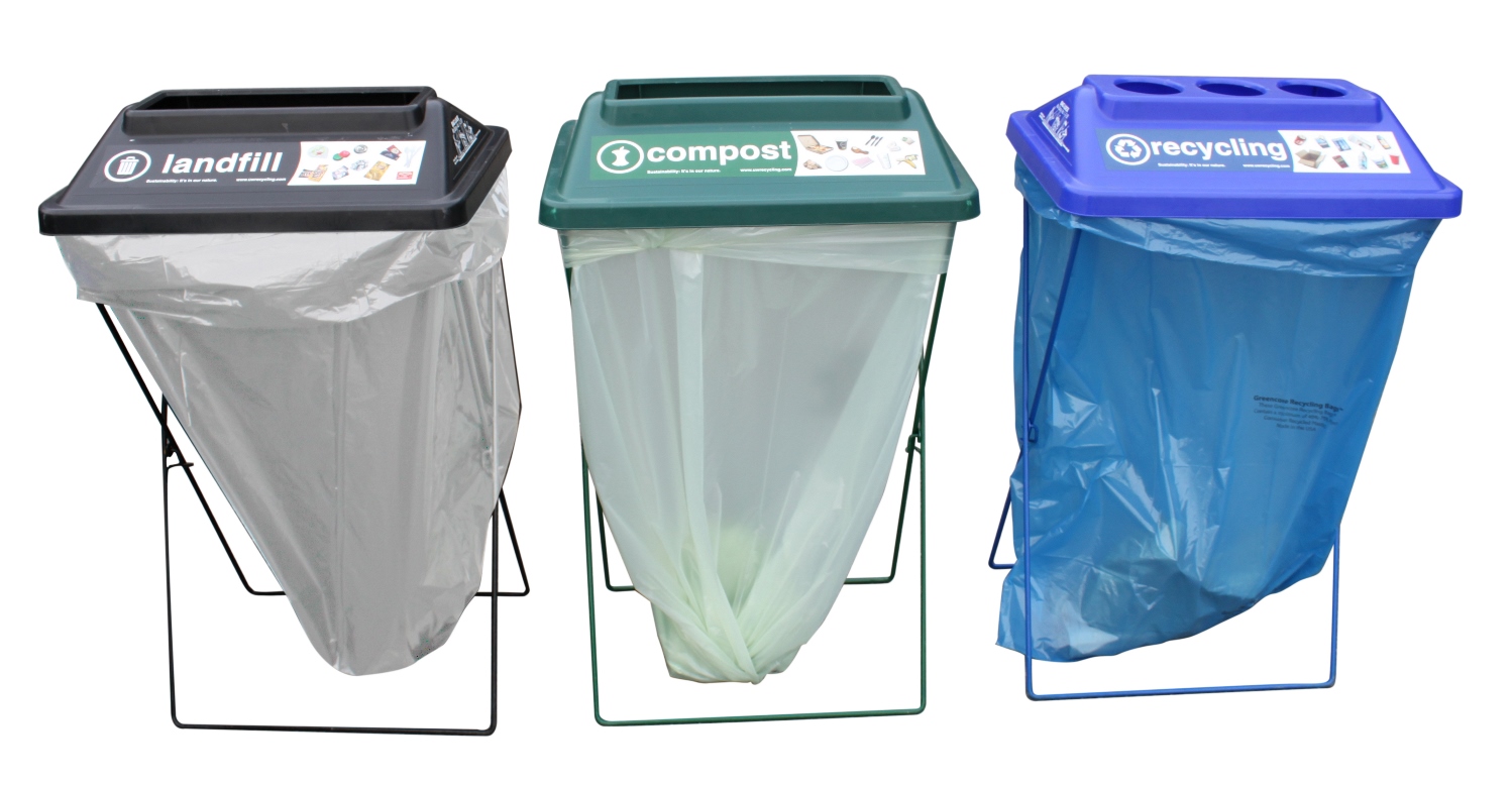 A photo of 3 foldable metal waste receptacles, one for landfill, compost, and recycling.